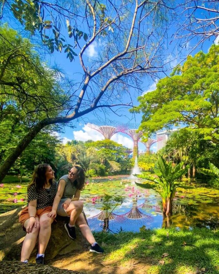 Katherine and Krissie sitting on a rock in front of the Gardens By The Bay super trees in Singapore. In front of the super trees is a pond with lots of lily pads on it and lots of trees and grass around "10+ Best Affordable Things to do in Singapore"