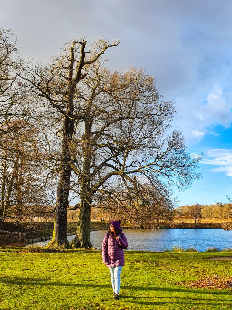 Krissie walking in Richmond Park, London, England. She's walking on some grass and behind her is a big pond and some bare trees "How to Have the Best Time in London (For Free!)"