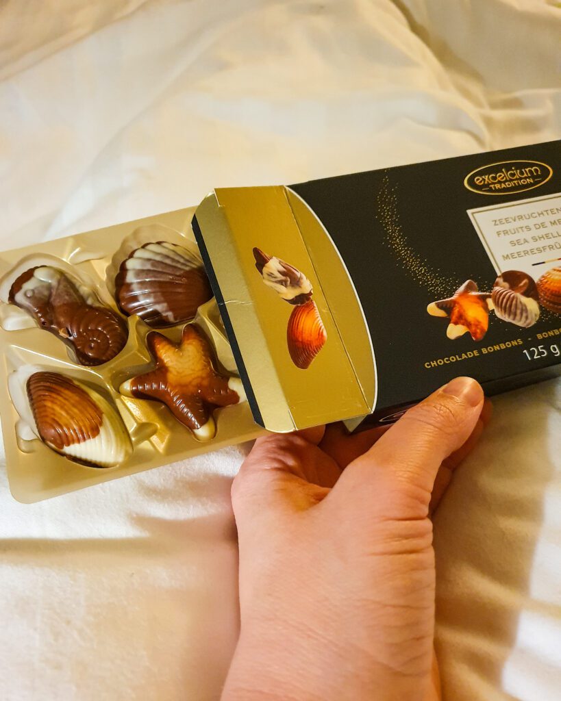 A hand holding a box of chocolate seashells from Belgium "Wonderful Ways to Spend Your Time in Bruges"