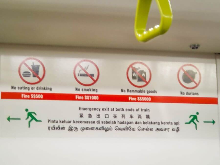 A sign shown on public transport in Singapore with rules of what you can't do and how much the fine is if you do them. One of the things on the sign says "No Durians" which we thought was funny "Singapore: A Complete Guide to the Public Transport System"