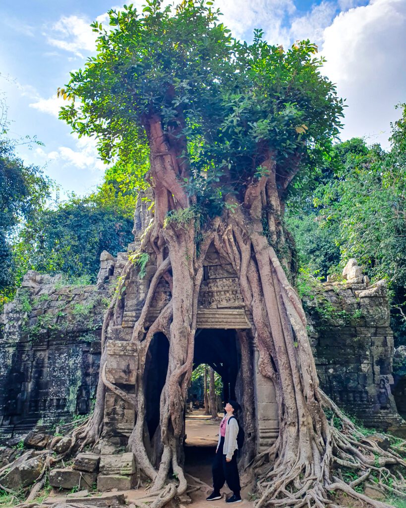 Krissie standing underneath a huge tree that's grown into the Ta Som temple in Siem Reap Cambodia "The Ultimate Guide to Siem Reap: Temples, Markets, and More!"