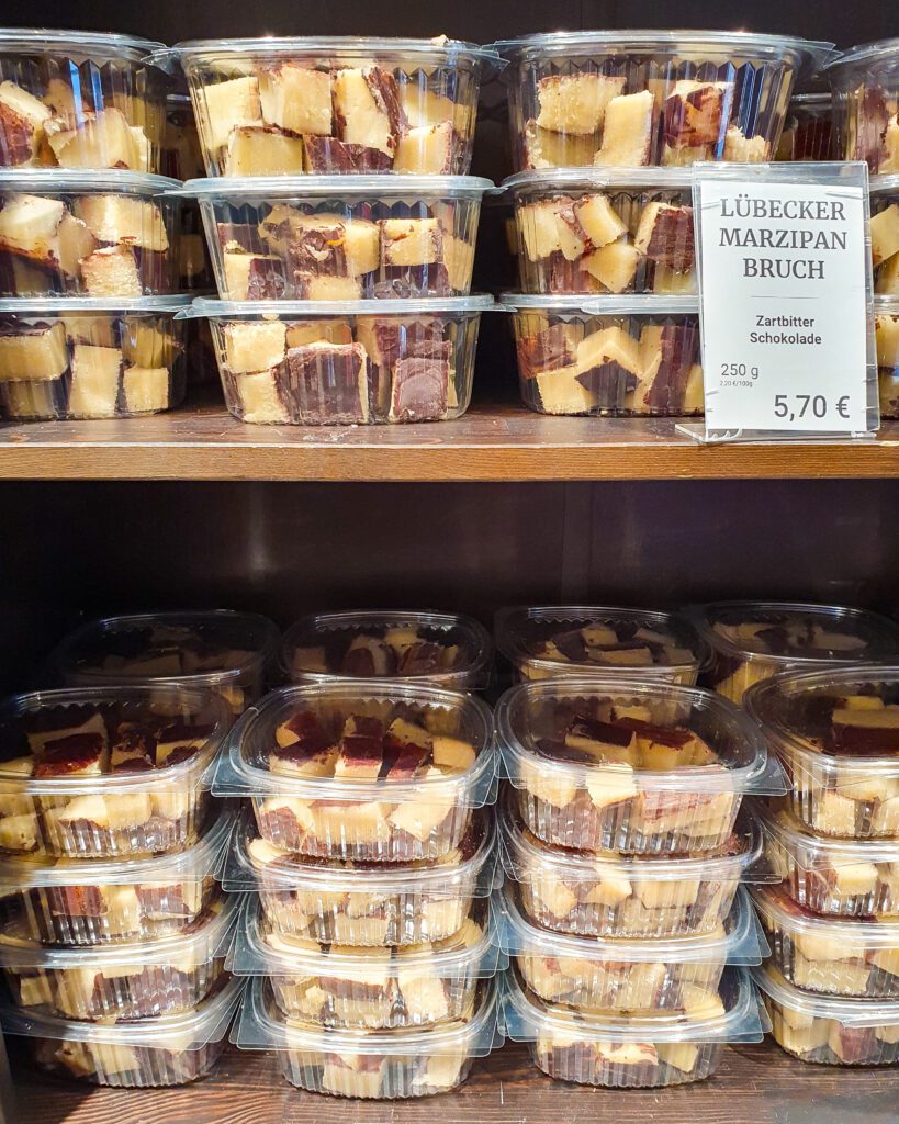 A bunch of marzipan in plastic tubs in Lübeck, Germany "How to See Lübeck in a Day Trip from Hamburg"