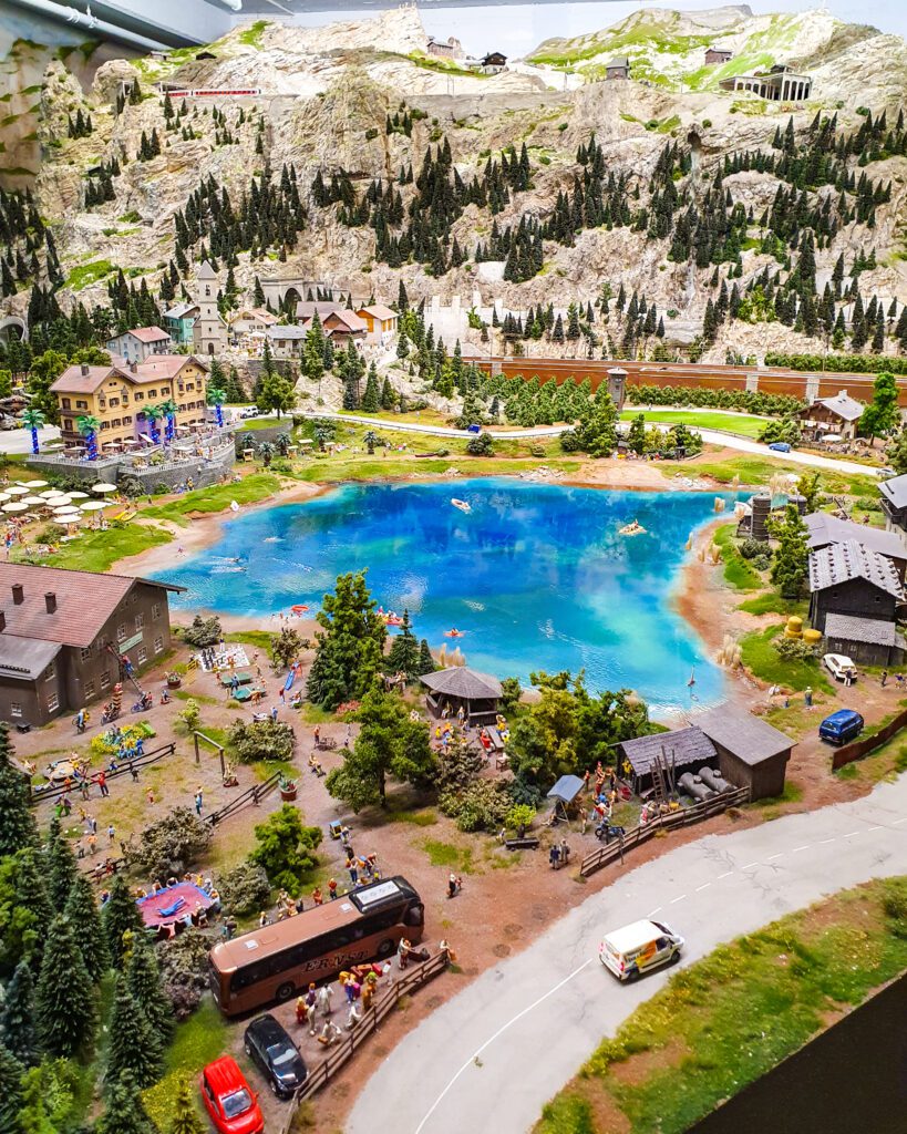 A model of a portion of the European countryside with little houses, vehicles and people at Miniatur Wunderland in Hamburg, Germany "How to See Hamburg on a Budget"