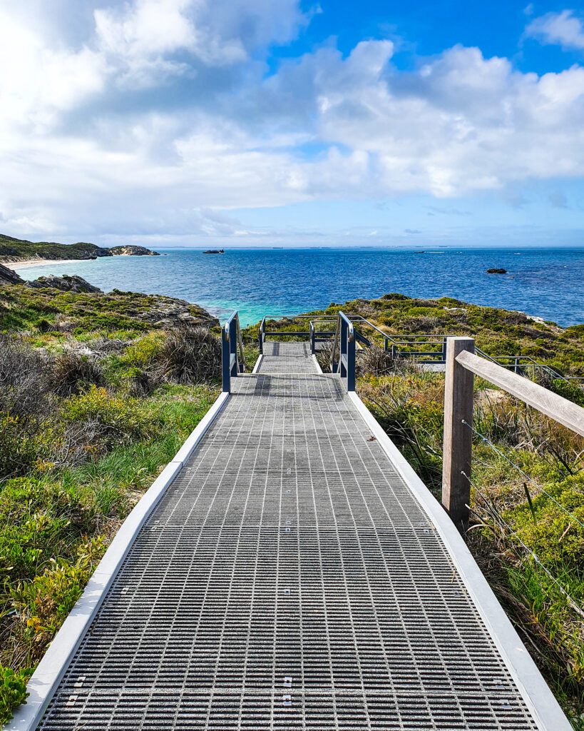 A metal walkway over lots of dense green bushes on Rottnest Island, WA. Beyond the pathway is some beautiful crystal blue water and a beach on the left "Rottnest Island Day Trip: Everything You Need to Know"