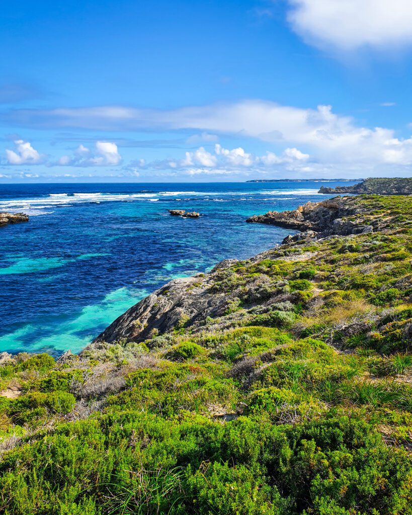 A landscape view of Rottnest Island, WA. There's lots of low green dense bush with rocks on the right. On the left is crystal blue water and above is a blue sky with clouds "How to See Perth in a Weekend"