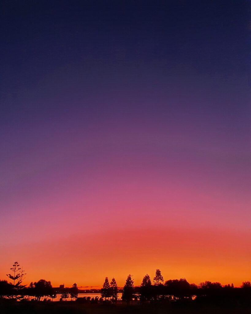 An incredible picture of a sunset in Newcastle, NSW. At the bottom are some black silhouetted trees and above that the sky goes in a gradient from orange, to red, to pink, to purple, to dark blue "Four Easy Day Trips From Sydney on the train"