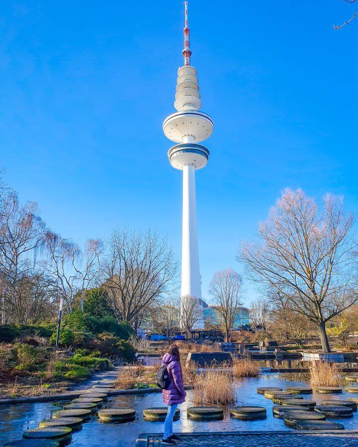 The Heinrich-Hertz-Tower which is a big telecommunication tower from Planten un Blomen which is a garden in Hamburg, Germany "How to See Hamburg on a Budget"