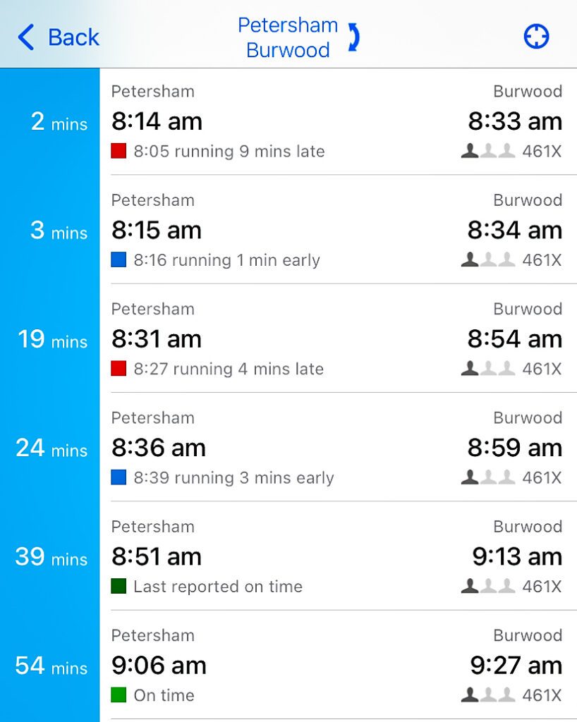 A screenshot of the app Tripview which shows all the trains departure and arrival times within 45 minutes from Petersham to Burwood in Sydney "A Complete Guide to the Public Transport in Sydney"