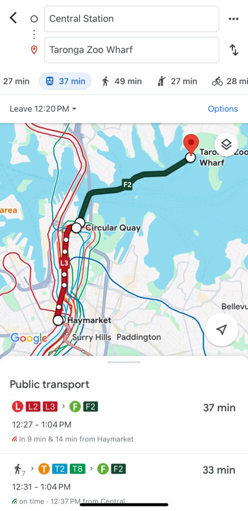 A Google Maps screenshot of two routes from Central Station to Taronga Zoo Wharf in Sydney "A Complete Guide to the Public Transport in Sydney"