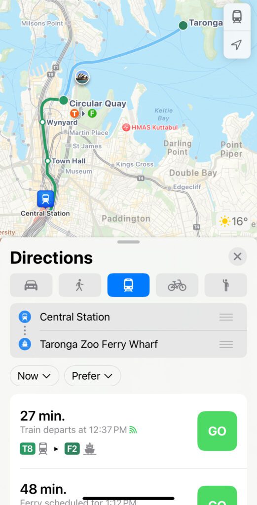 An Apple Maps screenshot of two routes from Central Station to Taronga Zoo Wharf in Sydney "A Complete Guide to the Public Transport in Sydney"