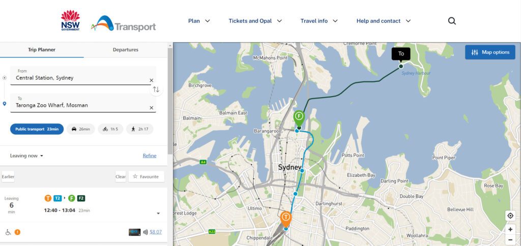 A screenshot of the route from Central Station to Taronga Zoo Wharf in Sydney on the Transport NSW website. It shows one route and also the cost of the journey "A Complete Guide to the Public Transport in Sydney"