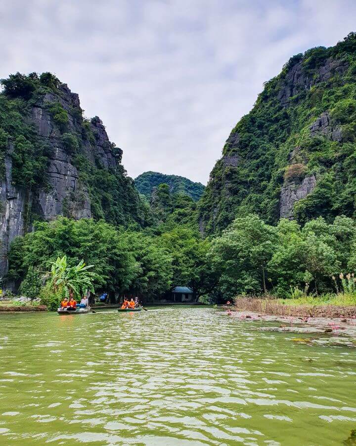 A greeny yellow river in the Ninh Binh region in Vietnam with some little boats on it with 3 people each in them. Behind the people and river are the most beautiful limestone mountains with trees all over them "Explore Hanoi: The Most Wonderful Budget Destination"