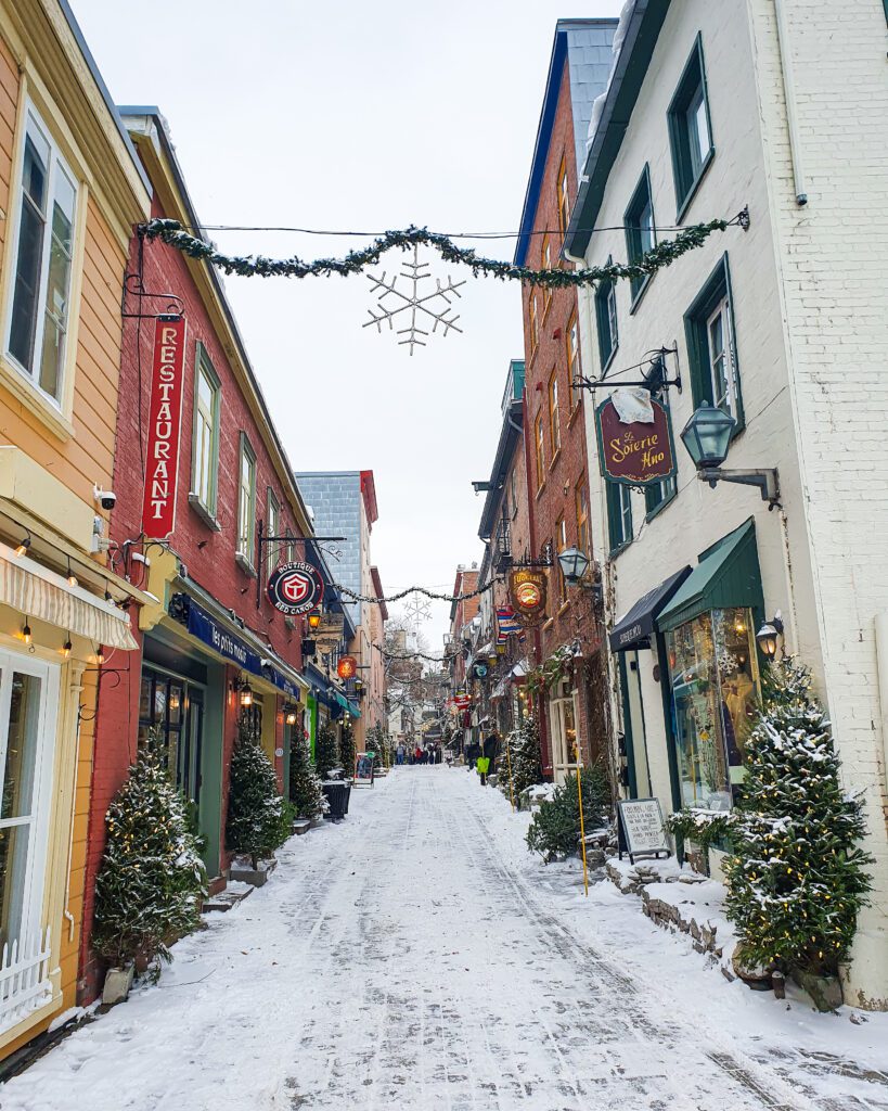 Looking up Rue du Petit Champlain in Québec city, Canada. The street has shops on either side with Christmas trees outside every one. Above the shops are garlands hanging and snowflake decorations and snow is blanketing the ground. The street looks really European and all the buildings are so cute "Plan Your Visit: The Best Christmas Markets In Canada"