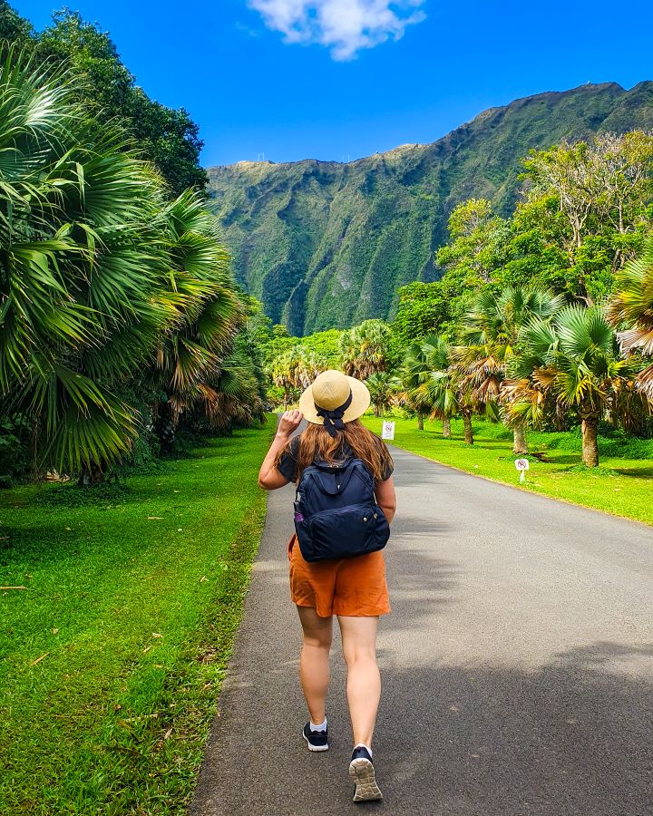 Katherine walking up a road in Hawaii with the most insane view in front of her of big green hills with lots of palm trees around the road. On her back is a bigger Pacsafe bag with a big zipper pocket on the front and an umbrella in the side pocket "The Ultimate Travel Packing Guide: 39 Essentials for Every Trip"