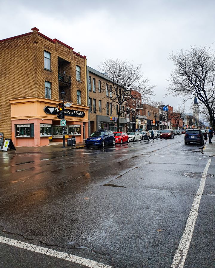 A damp looking black road in Montréal, Canada. There's cars parked and driving on the road, with some bare brown trees above them. There's also brown buildings on the left side of the road that are multi level and have shops on the bottom level. There's also a couple of people walking around and a grey overcast sky overhead "Eight Great Free Things To See In Montréal"