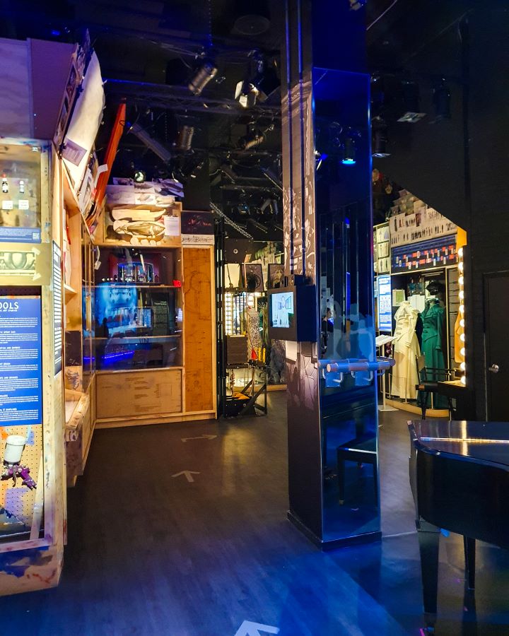 Inside the Museum of Broadway in New York City, USA in the section about people behind the scenes in theatre. There's arrows on the ground showing you where to walk and around the path are cabinets with things in them and writing on them and a pole with a small tv screen on it too "Non-Touristy Activities for Return Visitors to New York City"