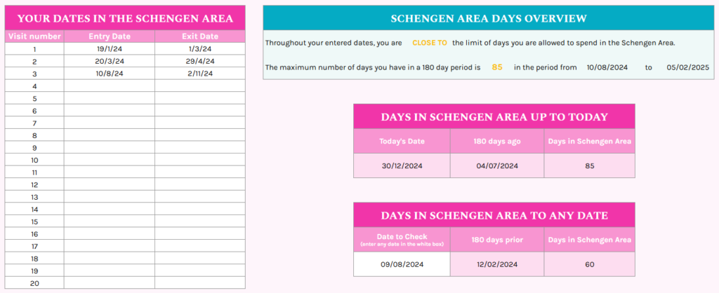 A screenshot of our Schengen area tracker with a pink table to put your dates in the Schengen Area and then a pink table telling you how many days you've been in the area up to today, and another one with how many days to any date. Plus there's a little blue box with a Schengen area overview "Navigating the Schengen Area: What You Need To Know (Free Tracker Included)"