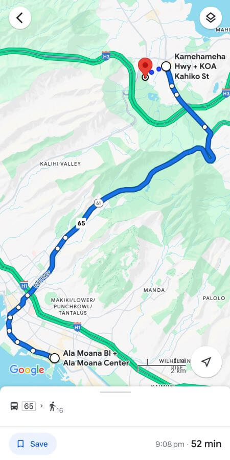 A Google Maps screenshot of the number 65 bus across the island from the Ala Moana centre to the Ho'omaluhia Botanical Garden in O'ahu, Hawaii, that says it'll take 52 minutes "Complete Guide to the Ho'omaluhia Botanical Garden Without a Car"