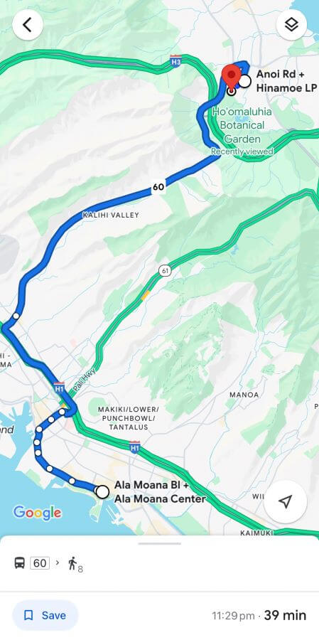 A Google Maps screenshot of the number 60 bus across the island from the Ala Moana centre to the Ho'omaluhia Botanical Garden in O'ahu, Hawaii, that says it'll take 39 minutes "Complete Guide to the Ho'omaluhia Botanical Garden Without a Car"