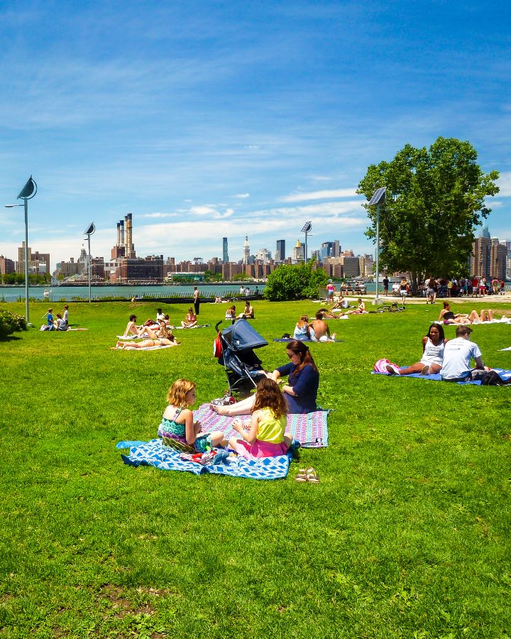 A large patch of green grass with people sitting on it and picnicking in the sun. Behind them in the river and across it is a view of Manhattan, with lots of high rise buildings. There's also trees and bushes on the grassy area and the sky is blue "Non-Touristy Activities for Return Visitors to New York City"